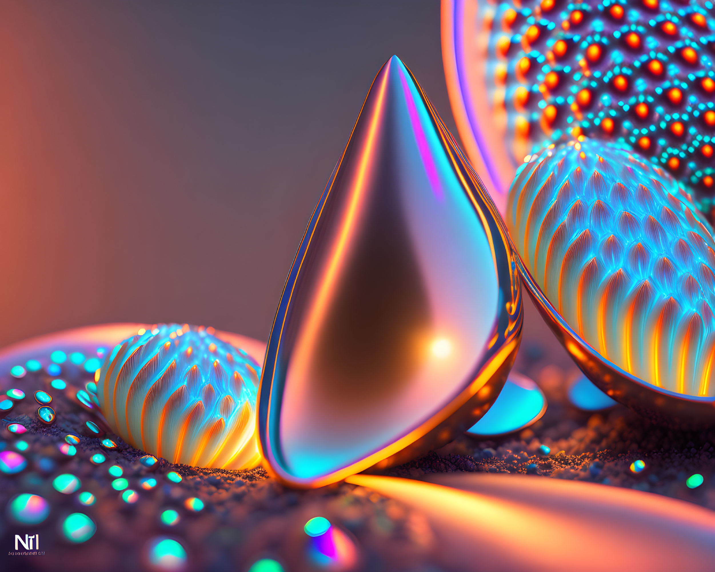 Colorful 3D abstract geometric shapes on textured surface with neon lighting