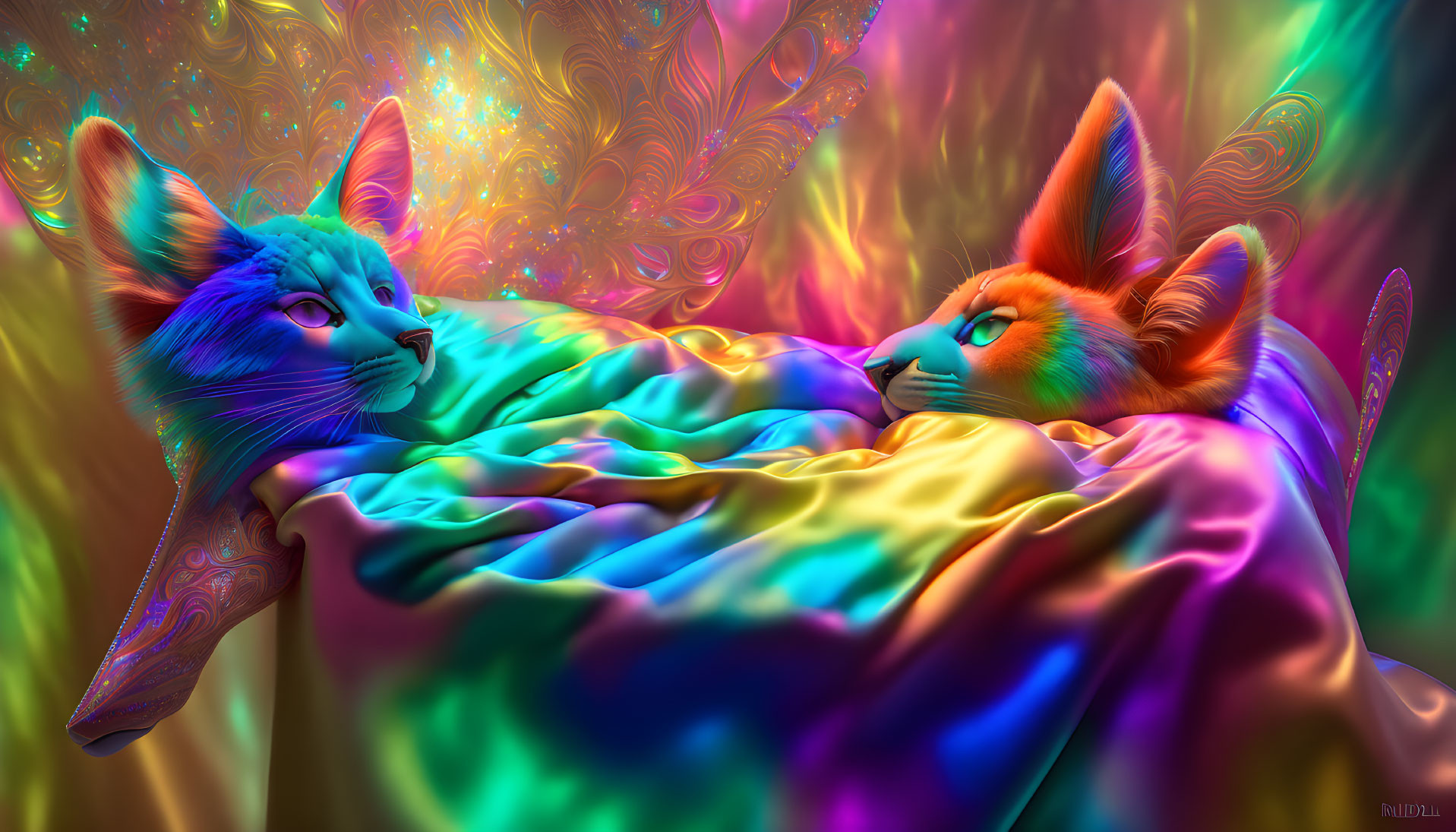 Vibrant Neon-Colored Anthropomorphic Foxes on Colorful Cloth