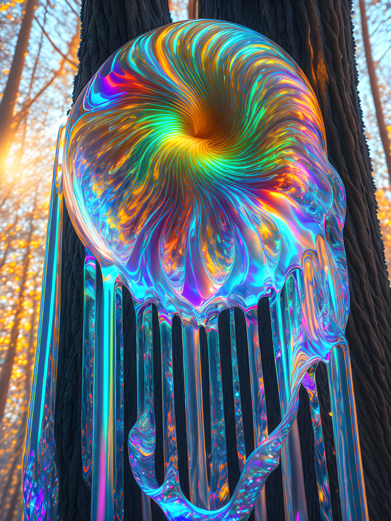 Iridescent jellyfish-like digital artwork in forest setting