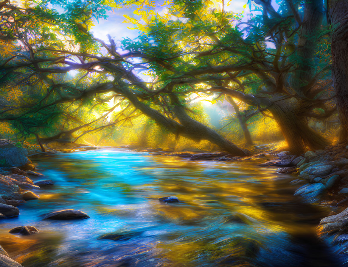 Scenic forest with sunlight on rocky stream