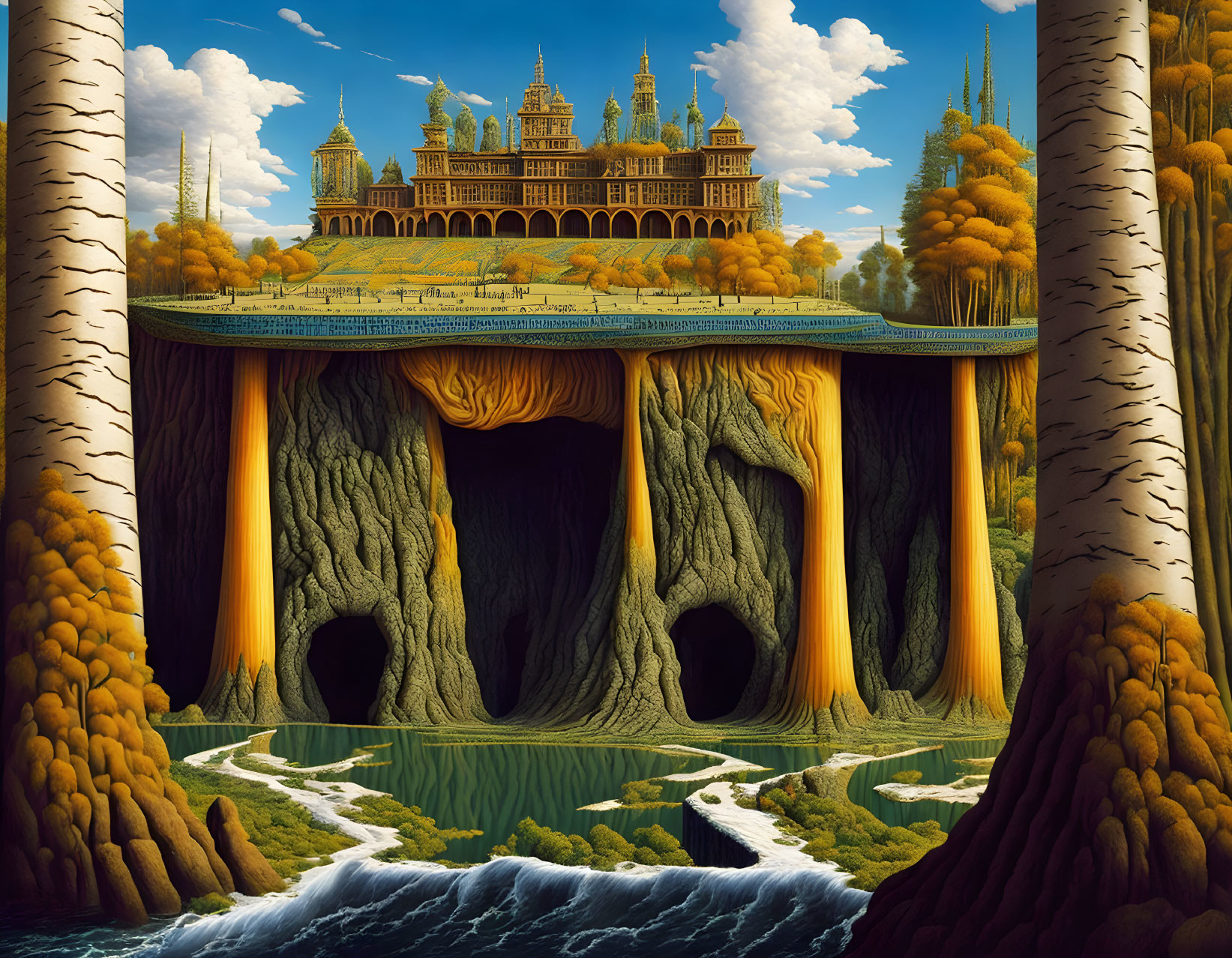 Fantastical landscape with grand palace on tree trunks, waterfalls, serene lake, clear sky