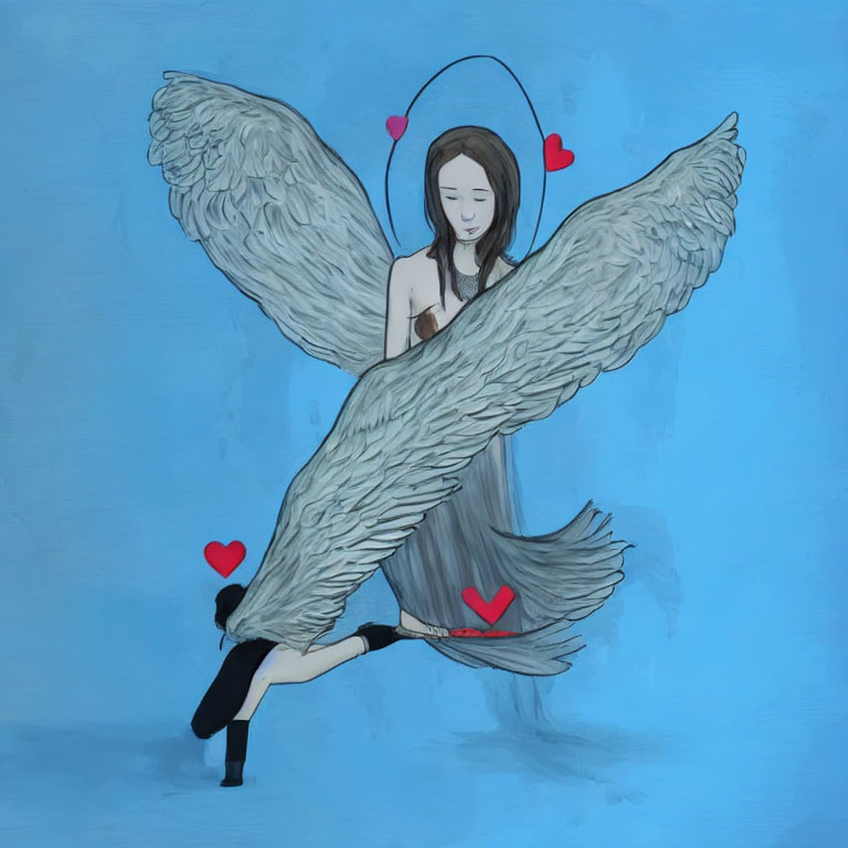 Surreal illustration of person with feathered wings and halo symbols of love on blue backdrop