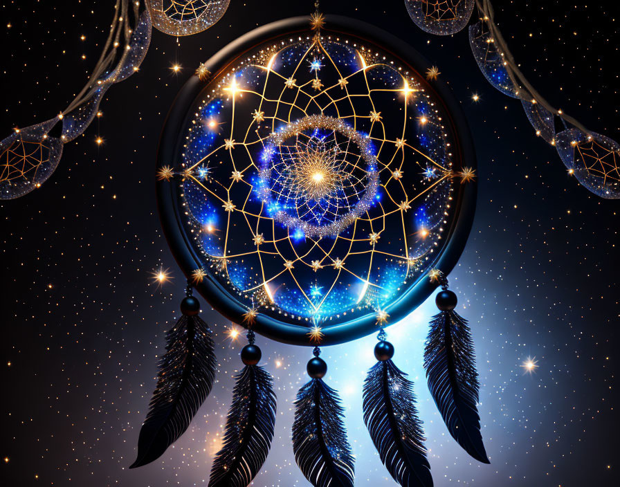 Intricate dreamcatcher with feathers on starry night sky