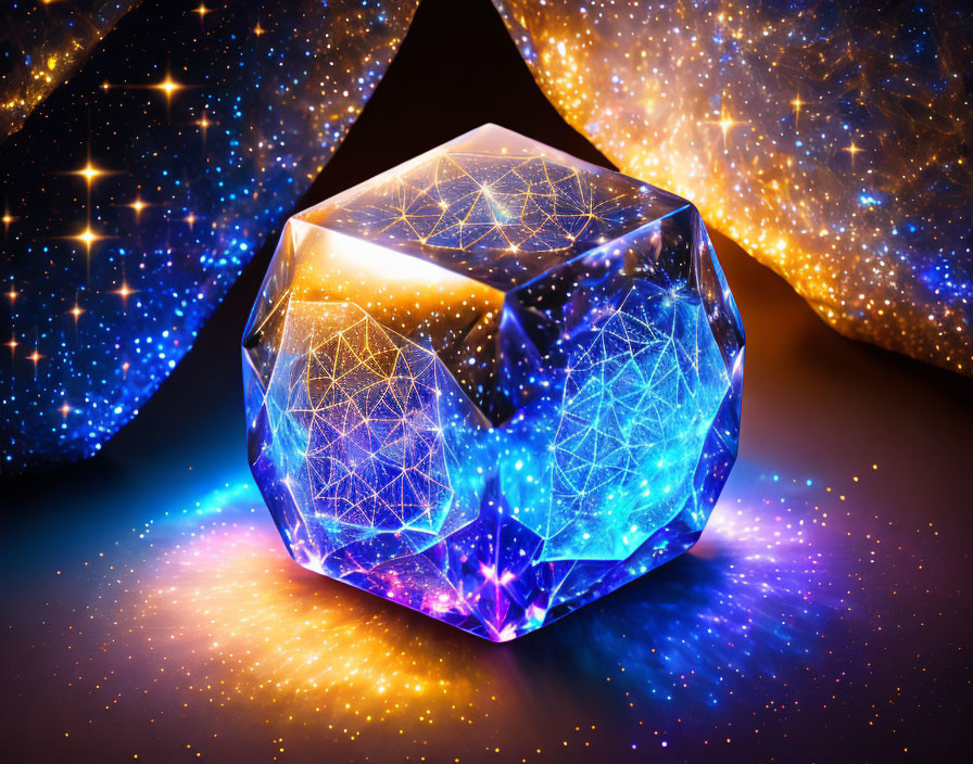 Blue Geometric Crystal Glowing Amid Golden Lights and Cosmic Shades