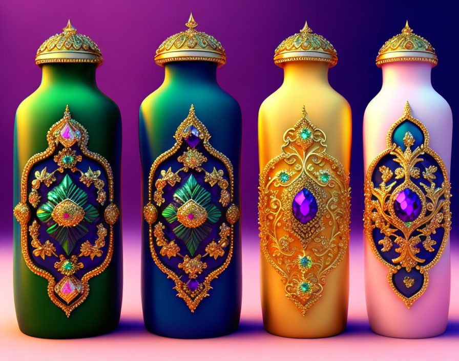 Four jewel-encrusted bottles with golden patterns on violet background