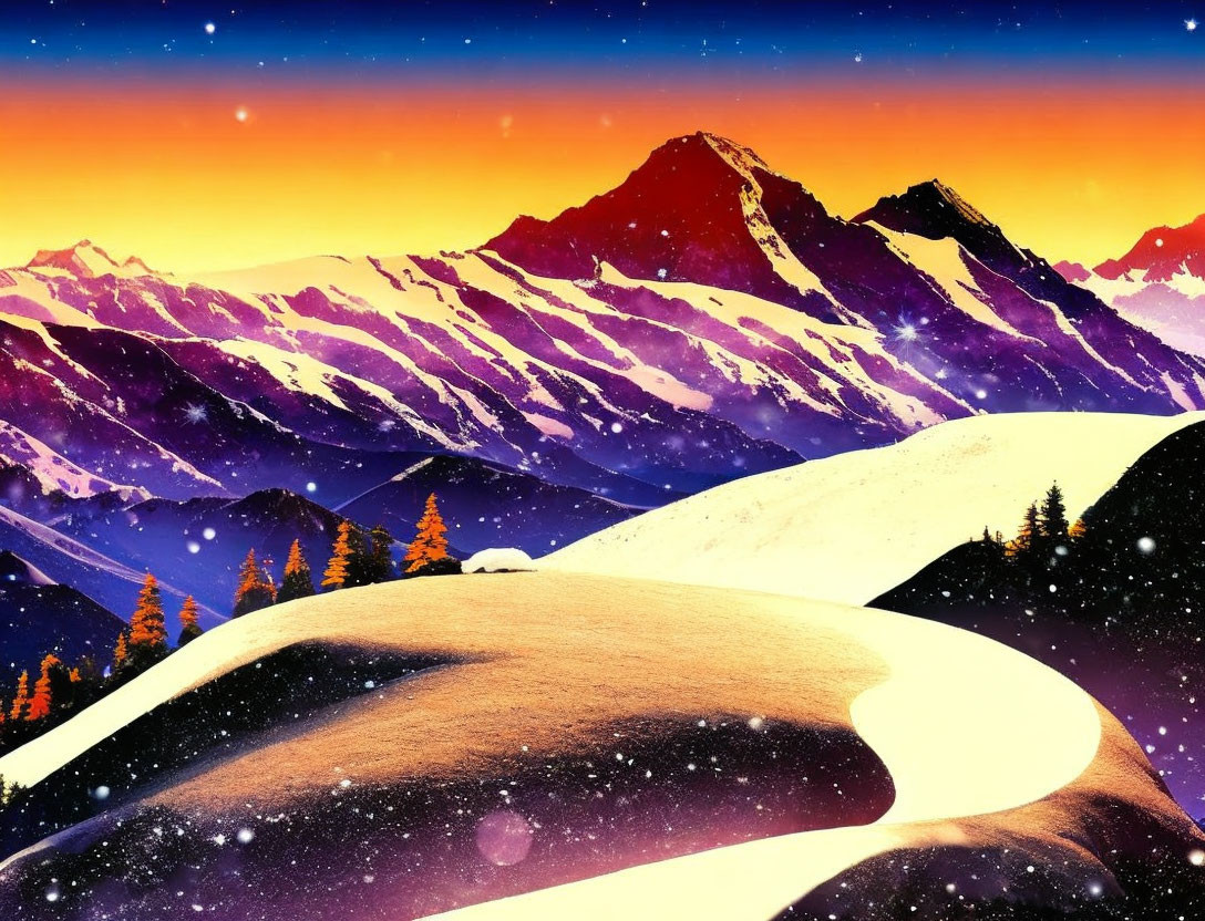 Colorful digital mountain landscape at sunrise or sunset with snowy peaks, stars, and evergreen trees.