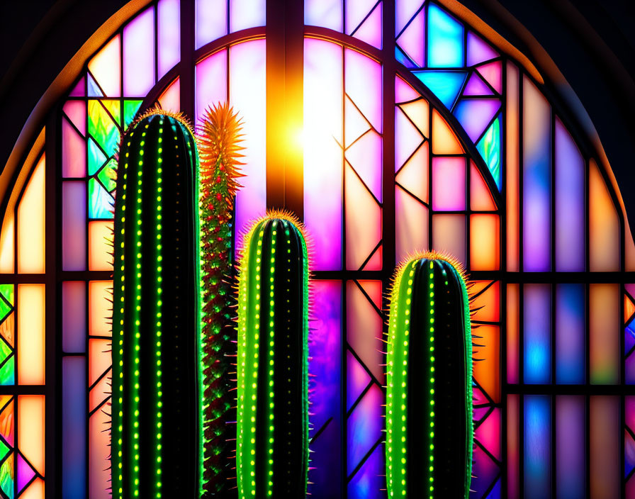 Colorful stained glass window with vibrant cacti in front