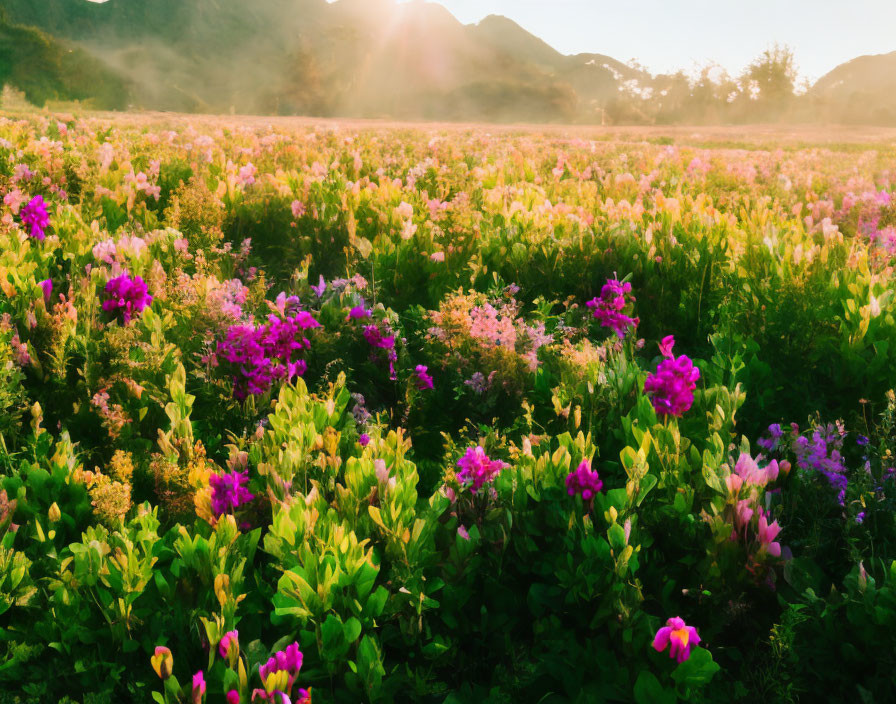 Colorful Flower Field with Misty Mountains Backdrop