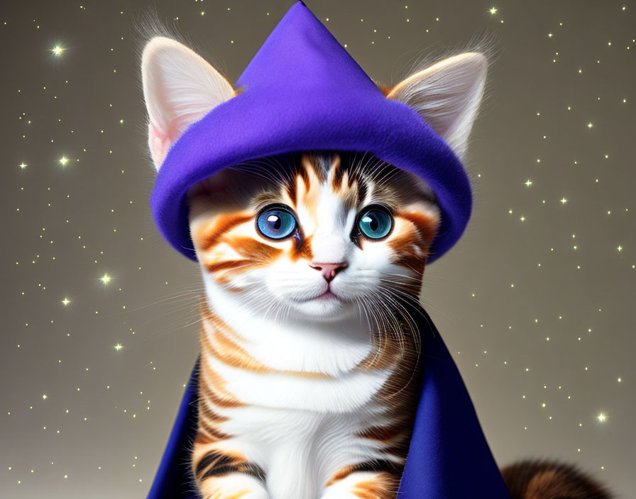 Tabby Kitten in Blue Eyes with Purple Wizard Hat and Cloak