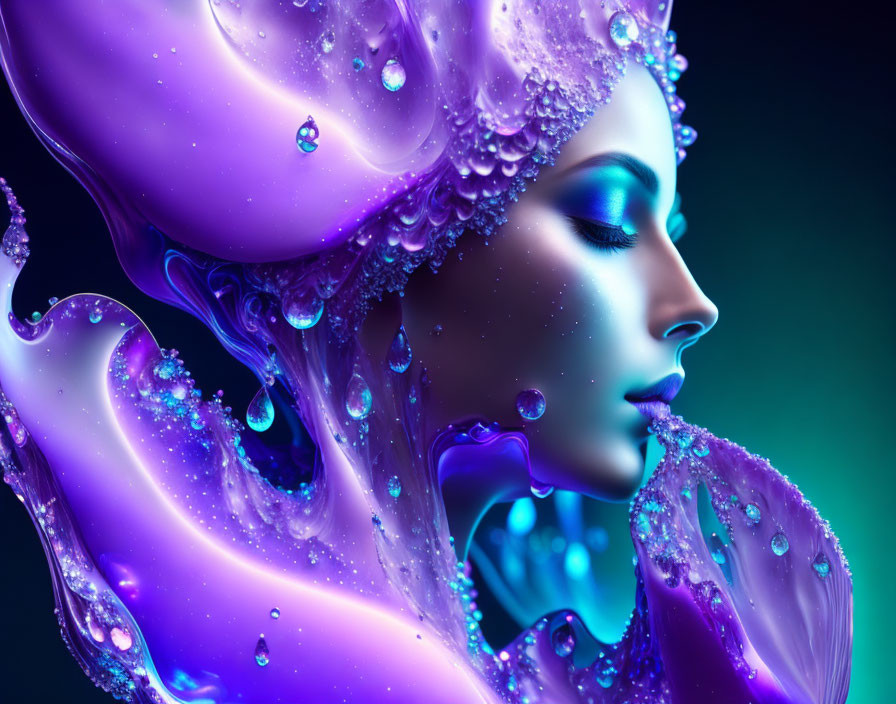 Vibrant digital artwork: Woman with violet liquid elements and sparkling droplets