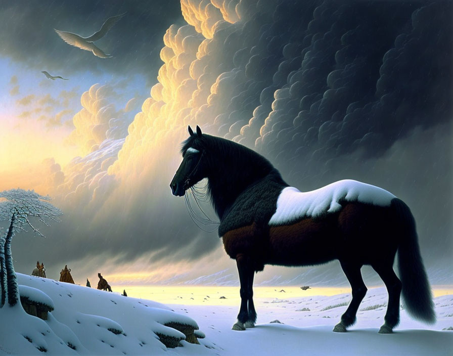 Majestic black horse in snowy landscape with dramatic sky and birds.