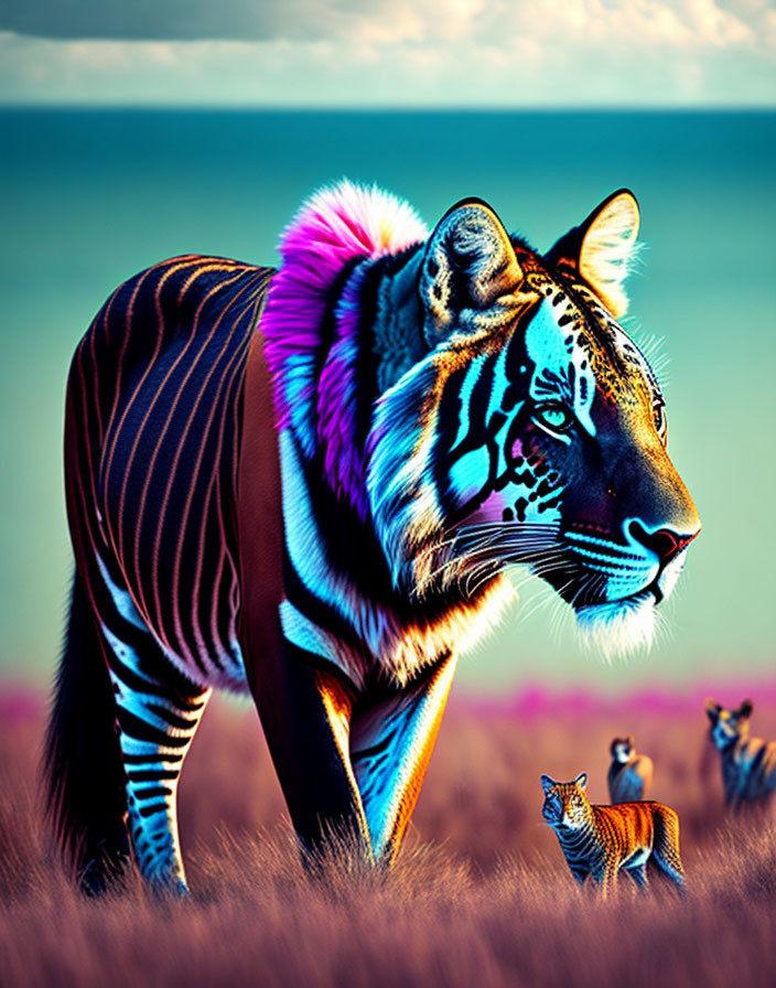 Digitally Altered Tiger Image with Neon Fur in Field