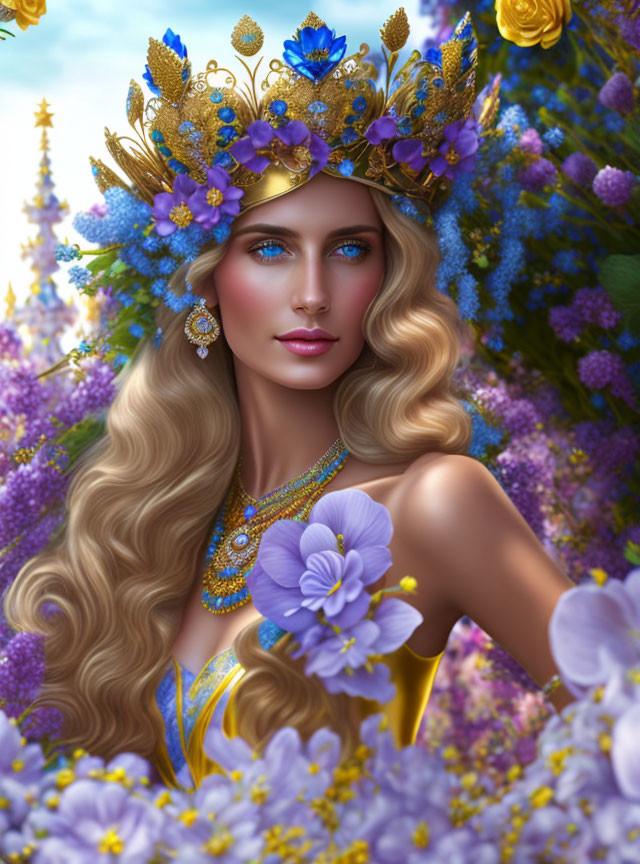 Blonde Woman with Golden Crown and Purple Flowers