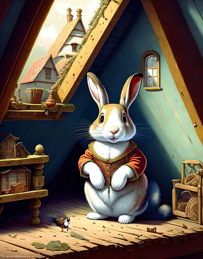 Anthropomorphic rabbit in vest with miniature house and mice in attic