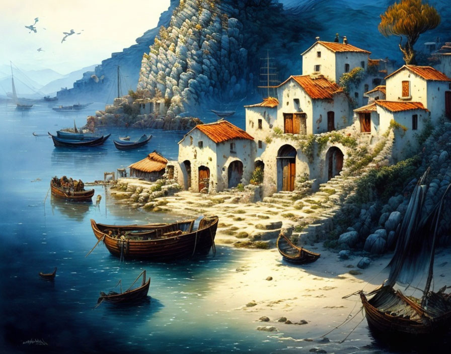 Traditional coastal village with white houses, boats, and mountain view