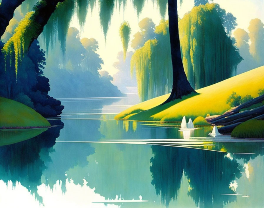 Tranquil landscape with lush greenery, willow trees, serene lake, and gentle light.