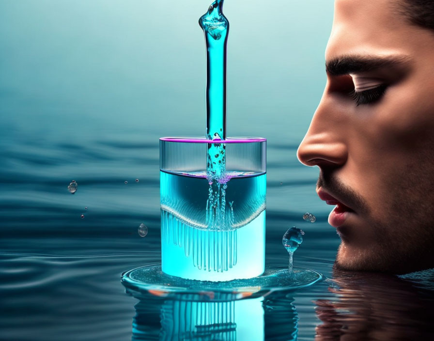 Close-up of man's face near blue liquid glass with suspended droplet and water reflection.