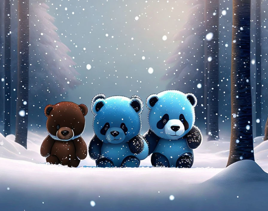 Three Plush Bear Toys in Snowy Forest with Blue and Black Fur