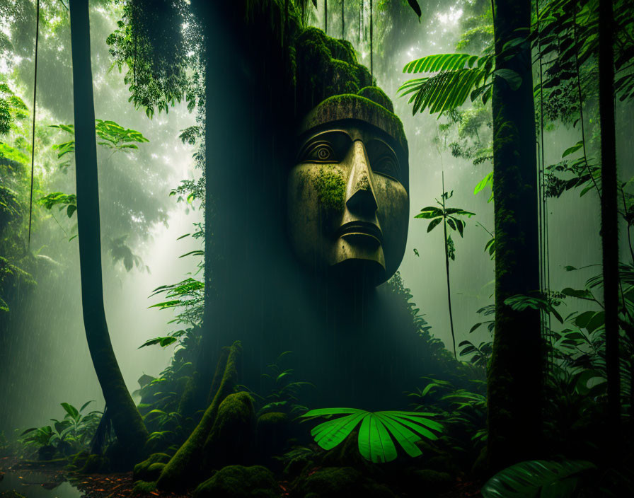 Giant Stone Face Sculpture in Lush Tropical Forest