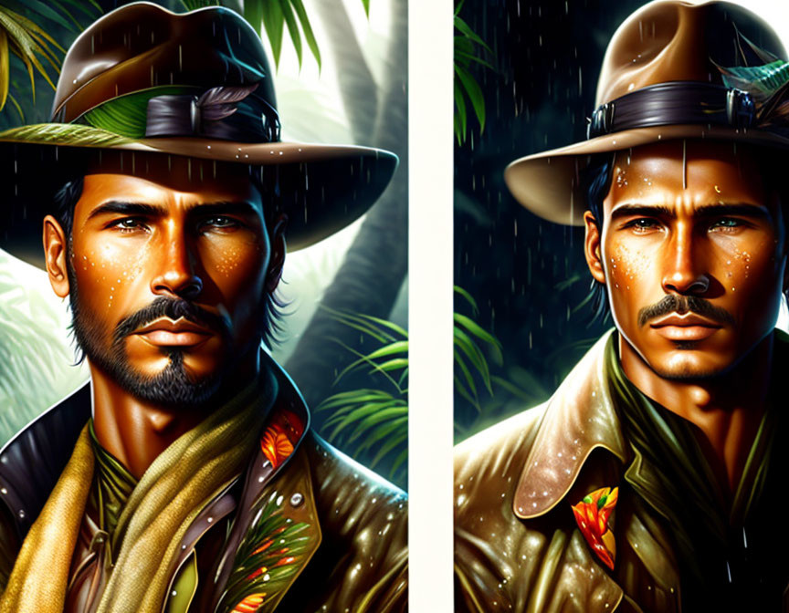 Stylized portraits of a man with a hat in jungle setting, day and night with rain effects