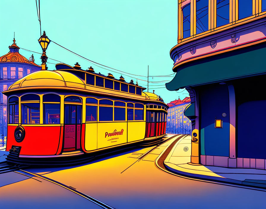 Colorful Vintage Red and Yellow Tram Illustration on City Streets