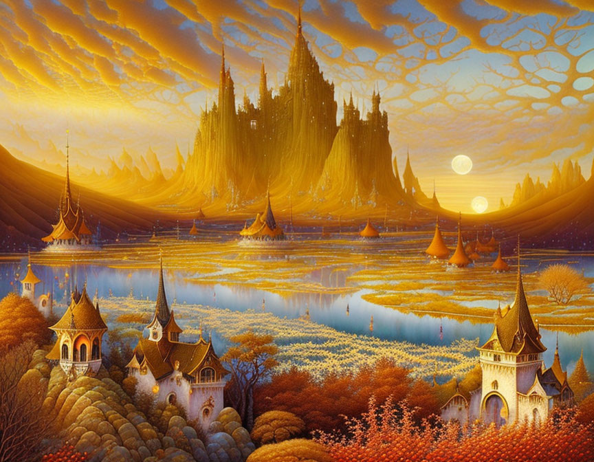 Majestic castle on cliff in fantasy sunset landscape