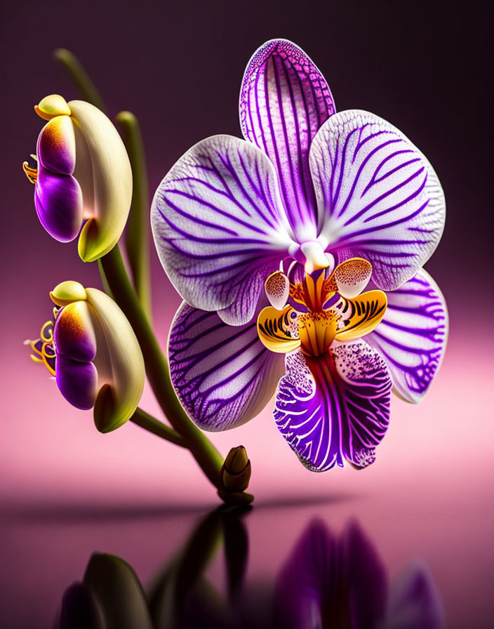 Striped purple and white orchid with yellow centers on pink backdrop reflected on glossy surface