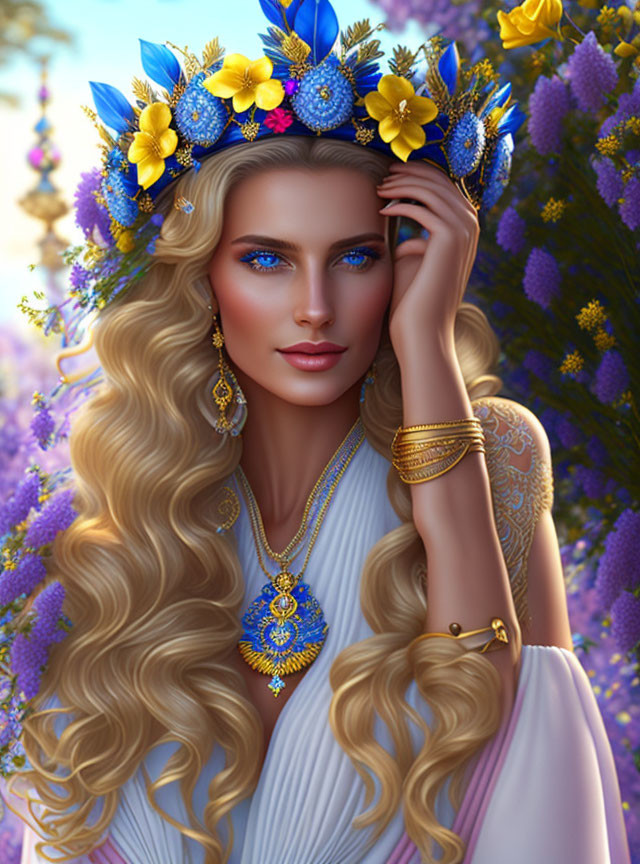 Digital Artwork: Woman with Blue Eyes and Blond Hair in Floral Crown