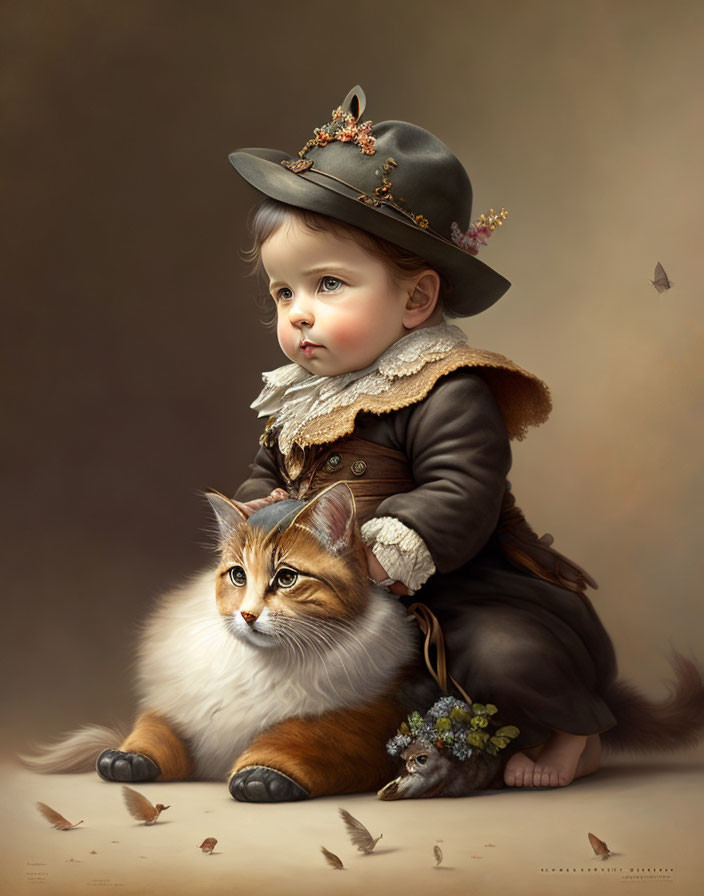 Toddler in vintage attire with cat, butterflies, and squirrel in whimsical scene