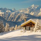 Winter cabin nestled in snowy landscape under starry sky.