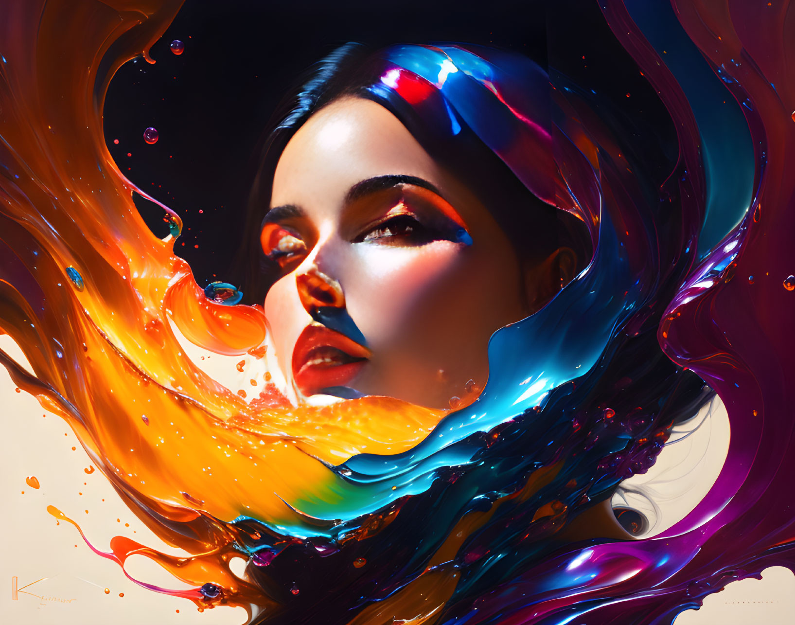 Colorful digital artwork: Woman's face in swirling liquid