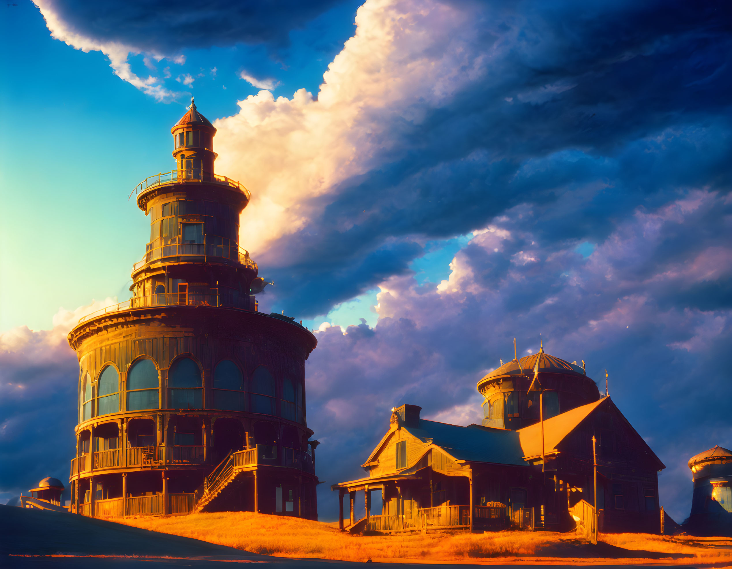 Ornate lighthouse and buildings under vibrant sky at sunrise or sunset