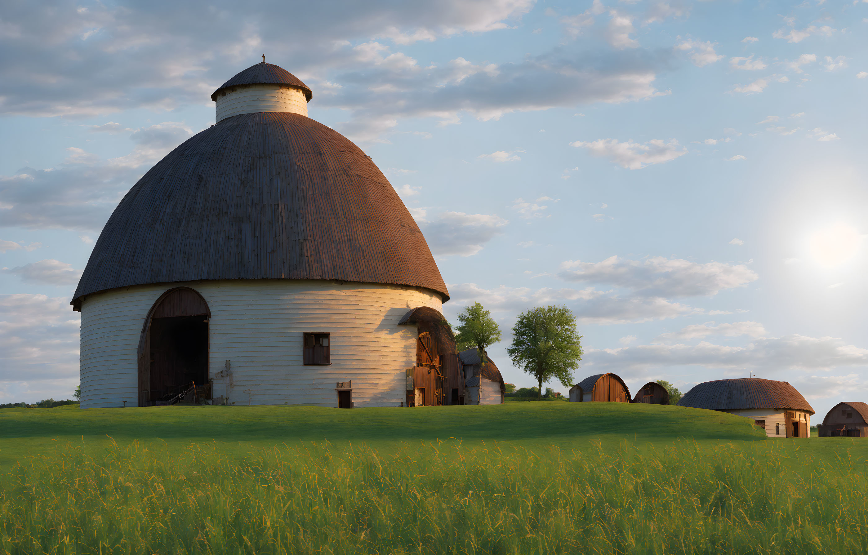 Traditional round barn with conical roof in sunny field