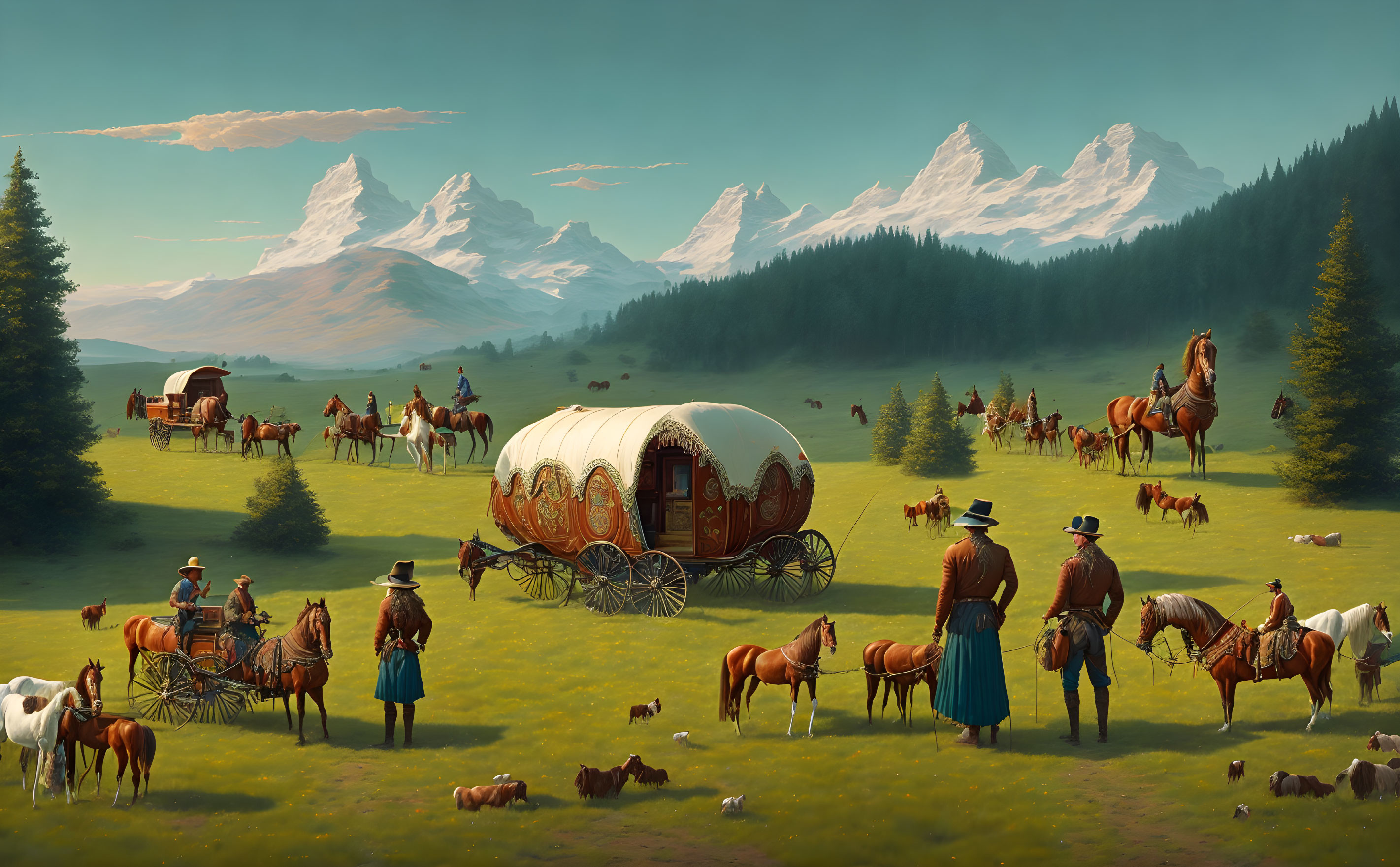 Pioneer caravan with covered wagons in verdant valley