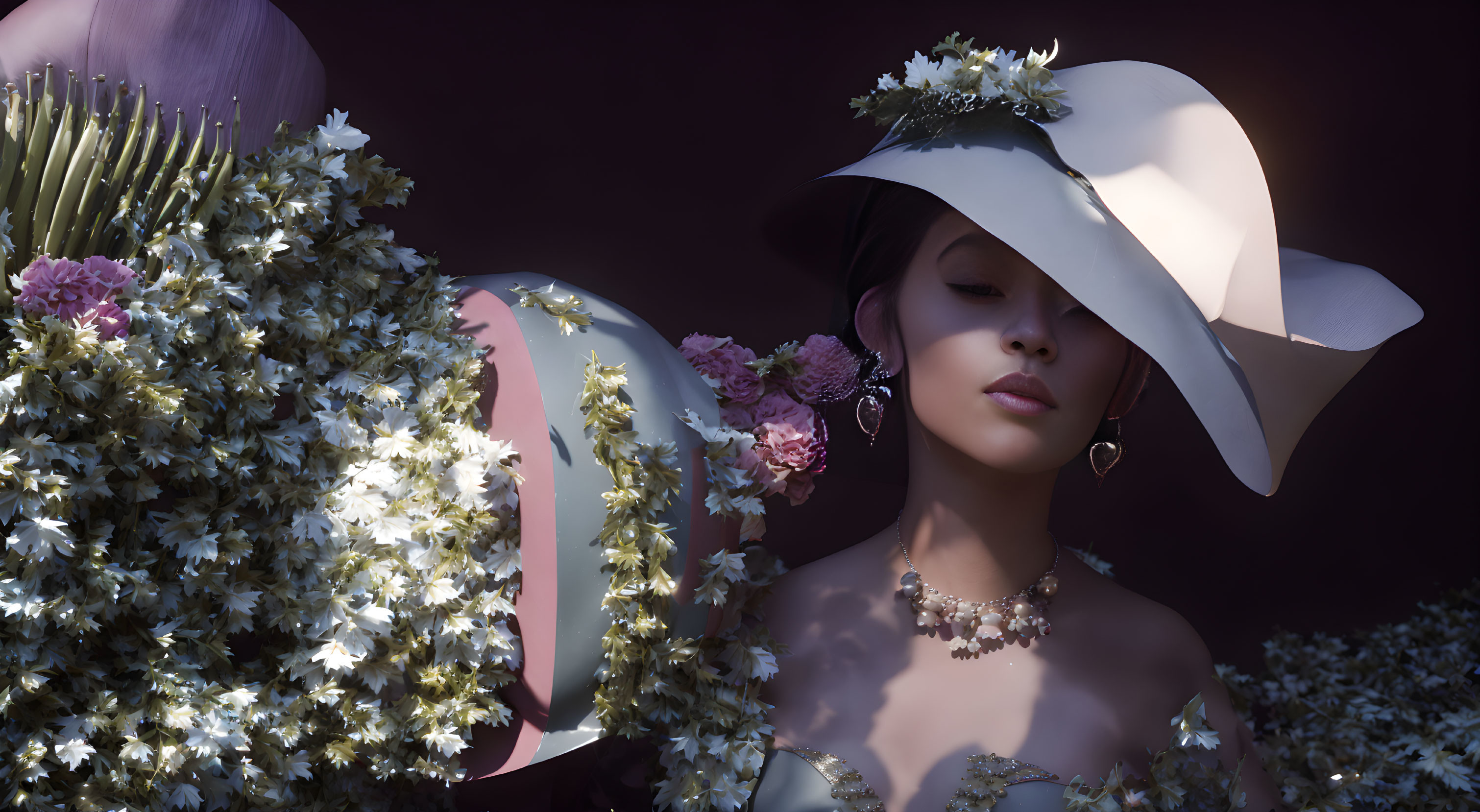 Woman with floral accessories and wide-brimmed hat on dark background