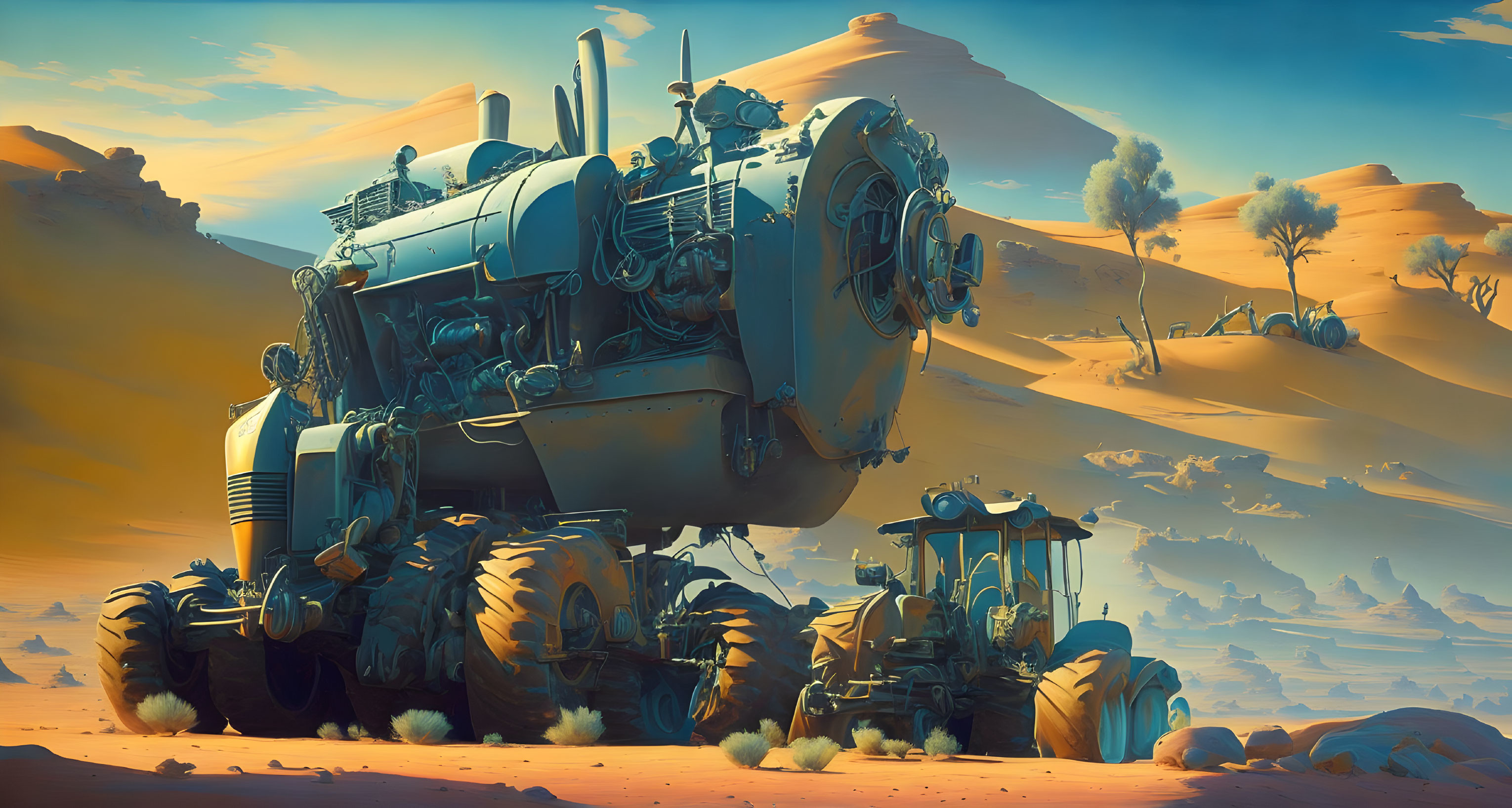 Futuristic desert landscape with blue tractor-like vehicles in sandy terrain