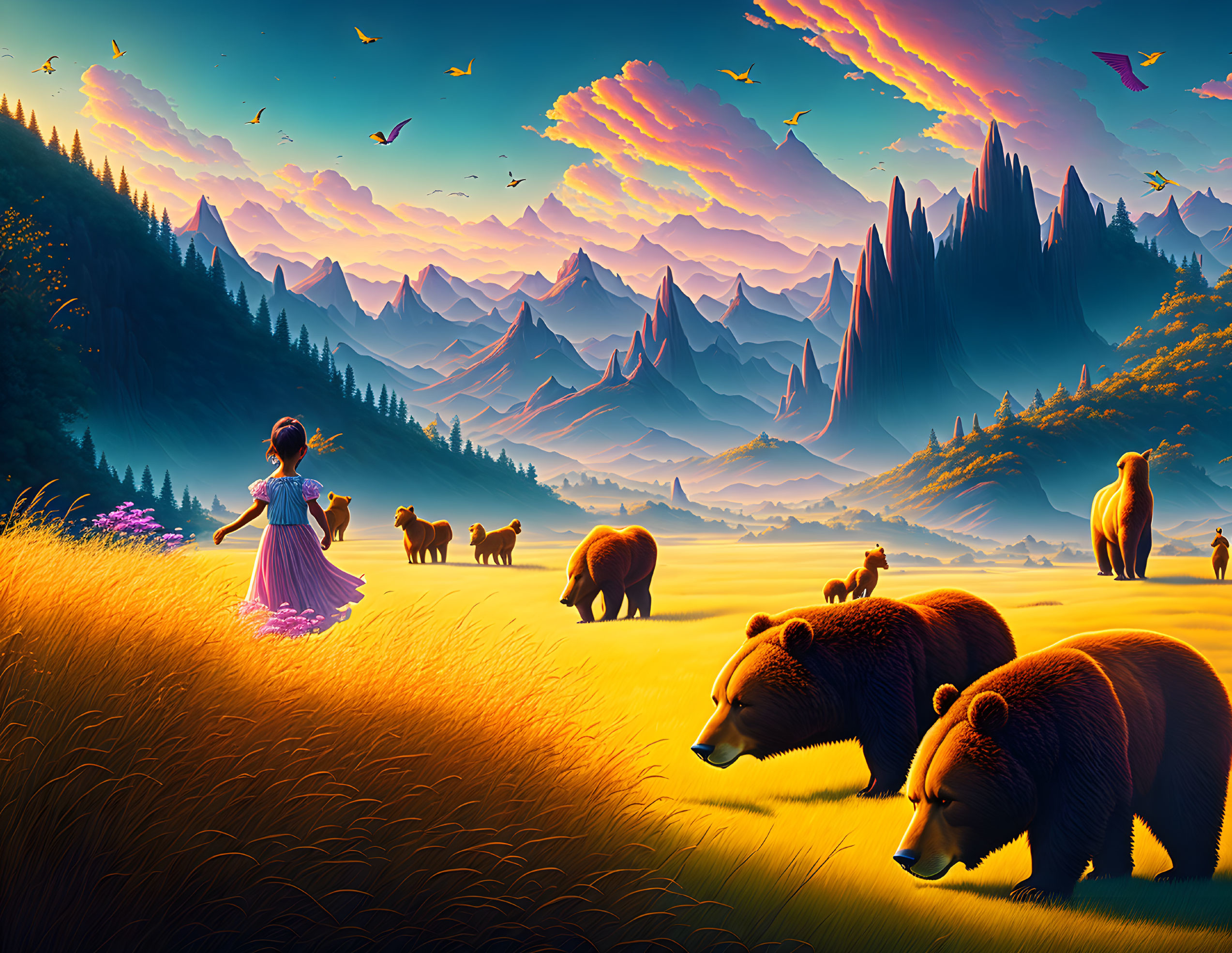 Woman in field watching bears and birds in mountain landscape at sunset