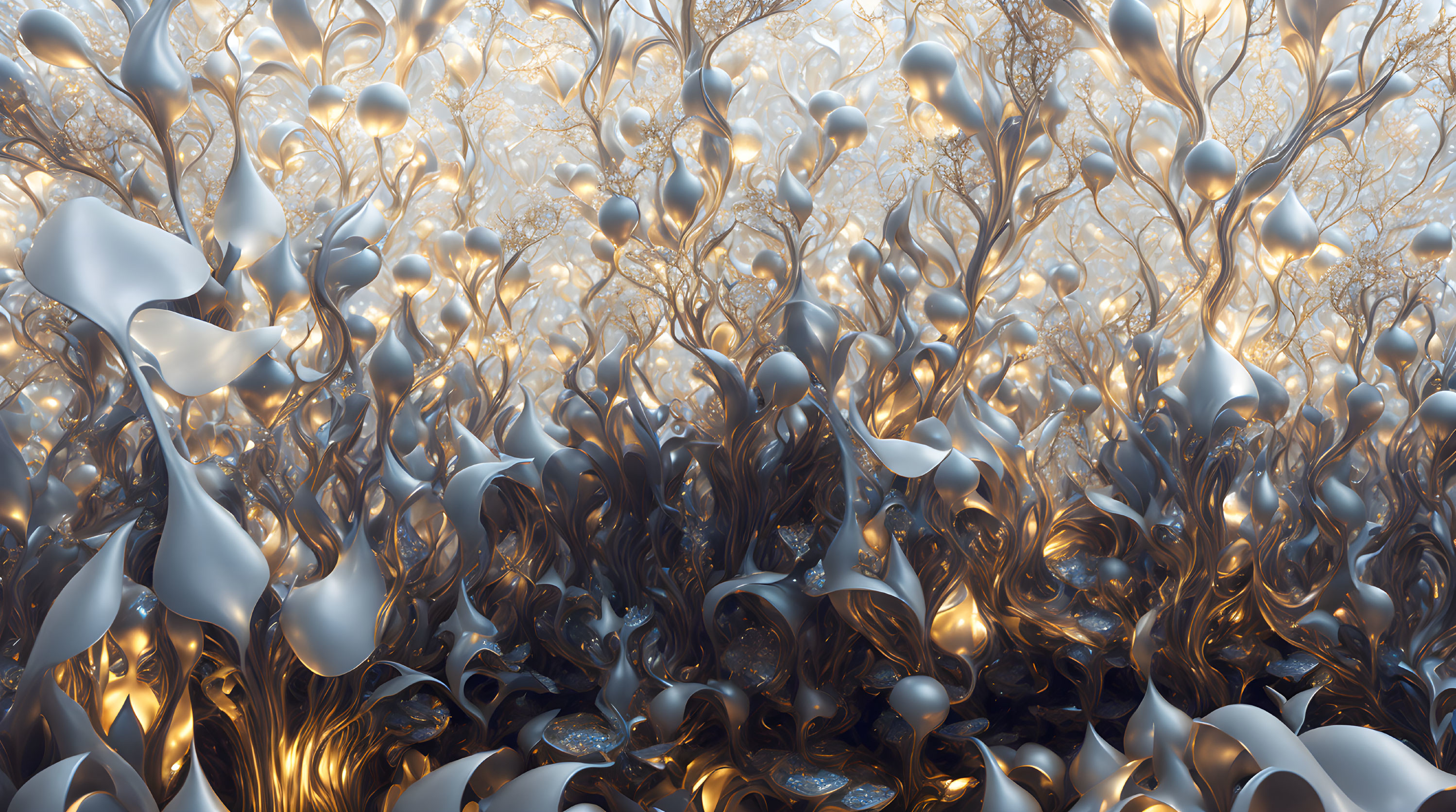 Reflective metallic forest with bulbous shapes in warm, golden glow