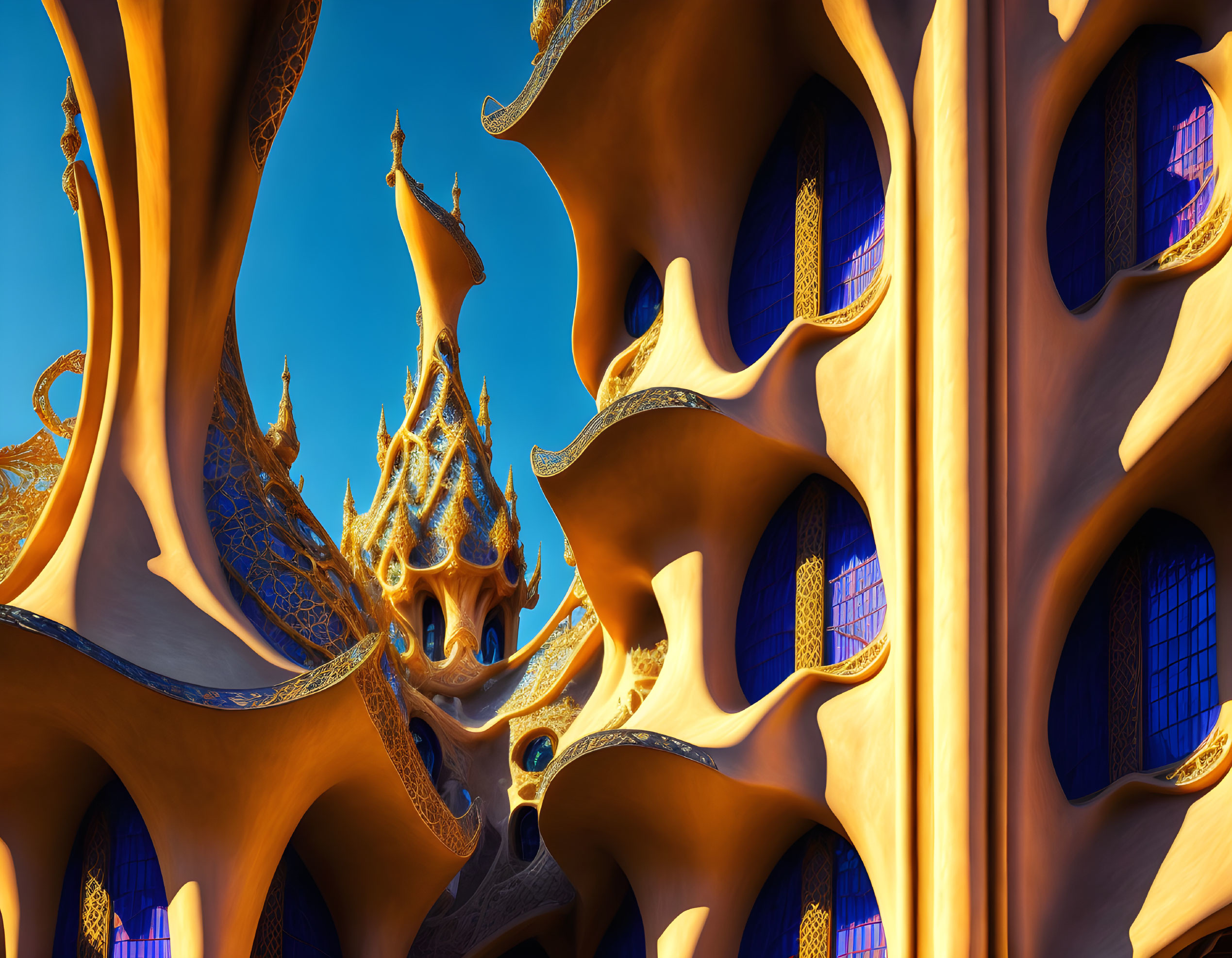 Surreal organic architecture in golden hues against vibrant blue sky