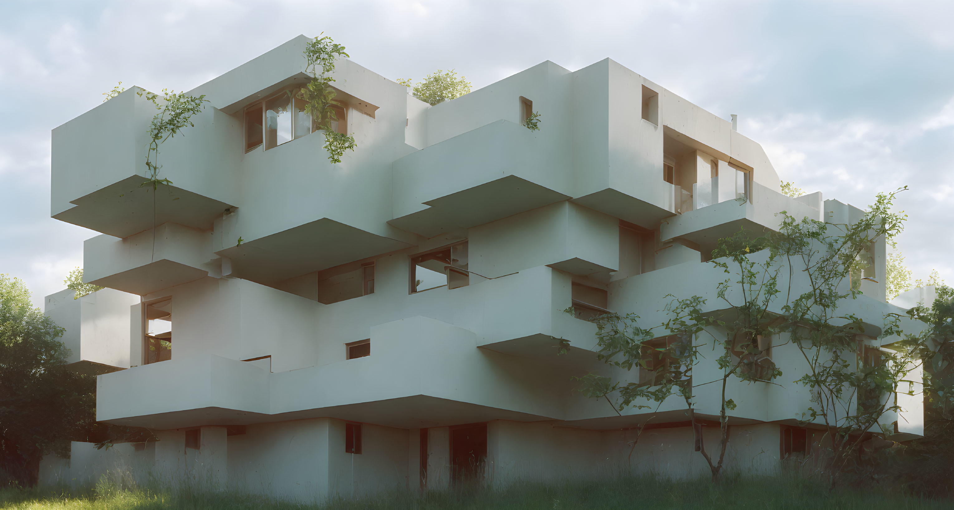 Geometric Apartment Building with Cubic Structures and Green Balcony Plants