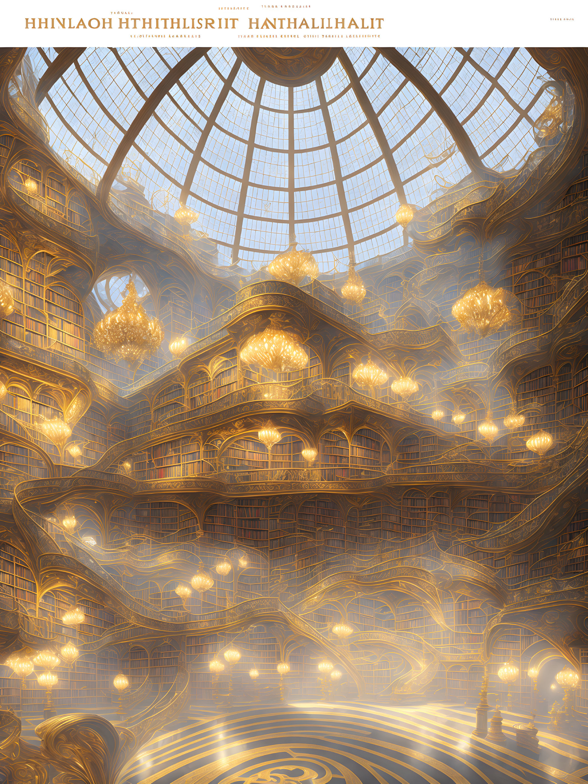 Opulent multi-level library with golden decor, glass dome, and chandeliers