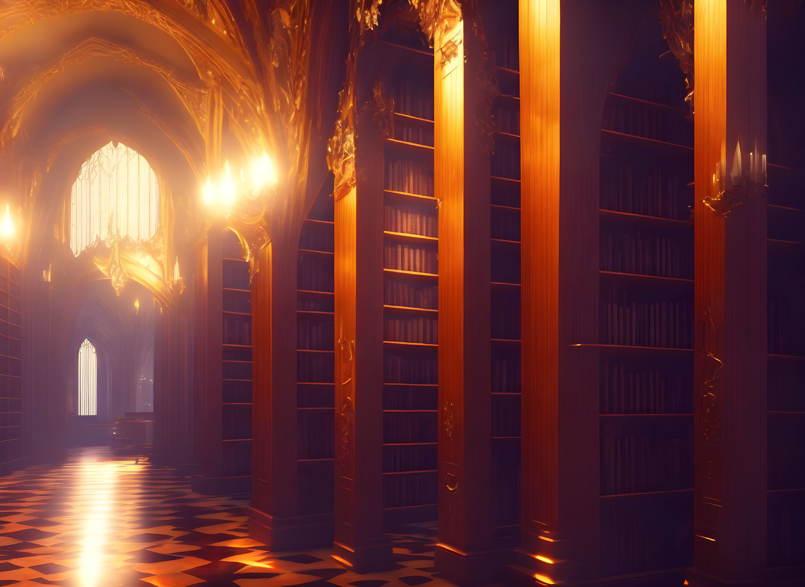 Majestic Gothic-style library with towering bookshelves and arched windows