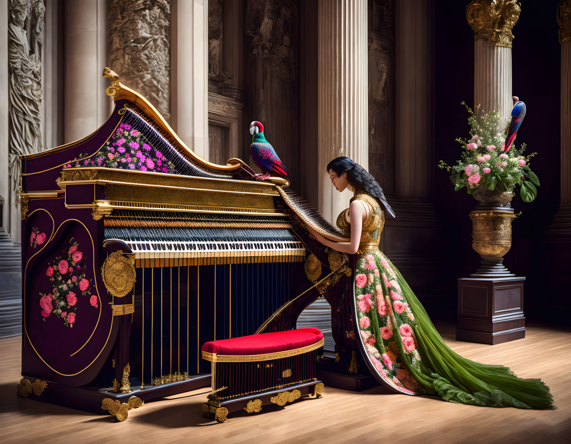 Woman in floral dress near grand piano with bird designs, peacocks in opulent room