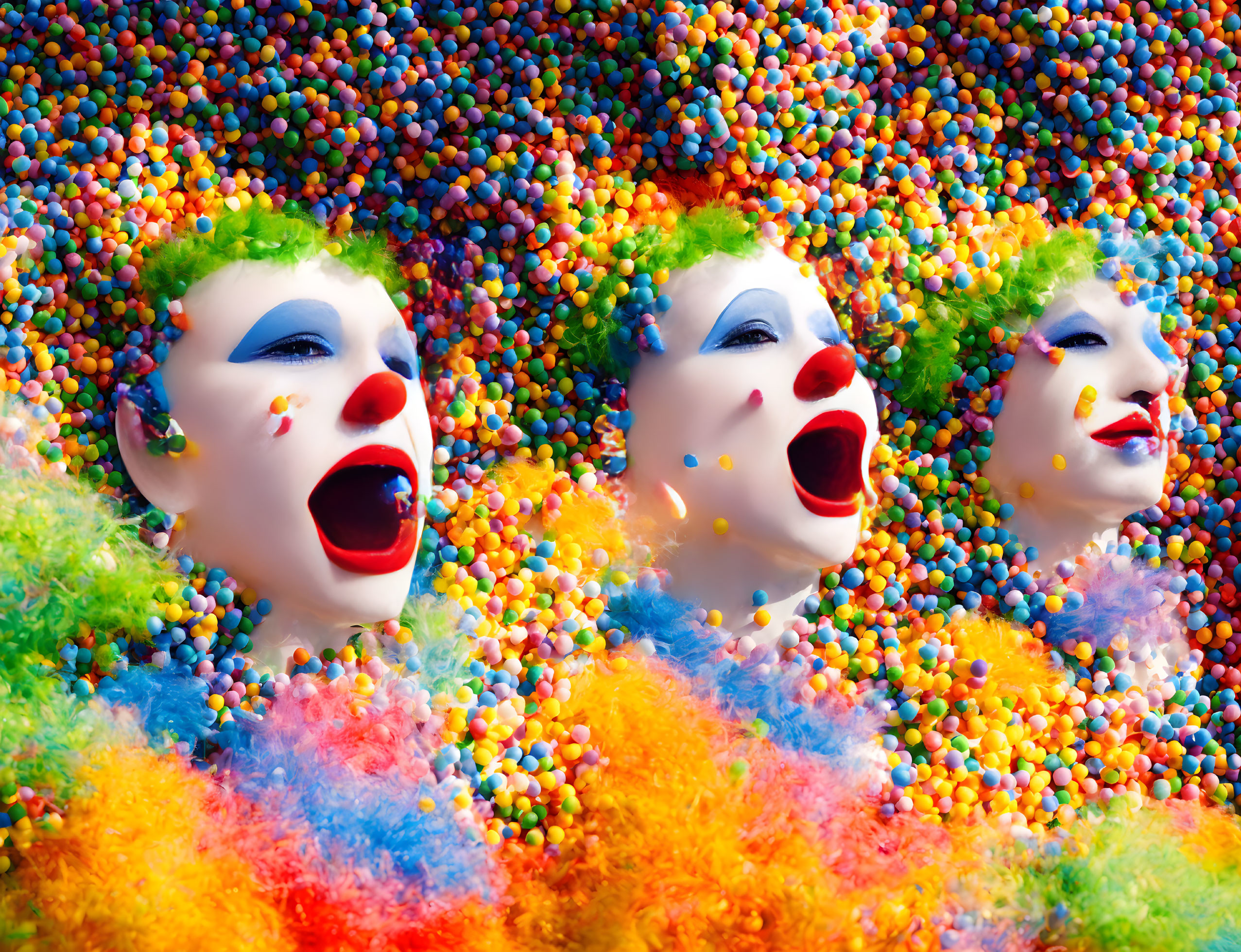 Colorful Clown Heads in Pool of Multicolored Balls