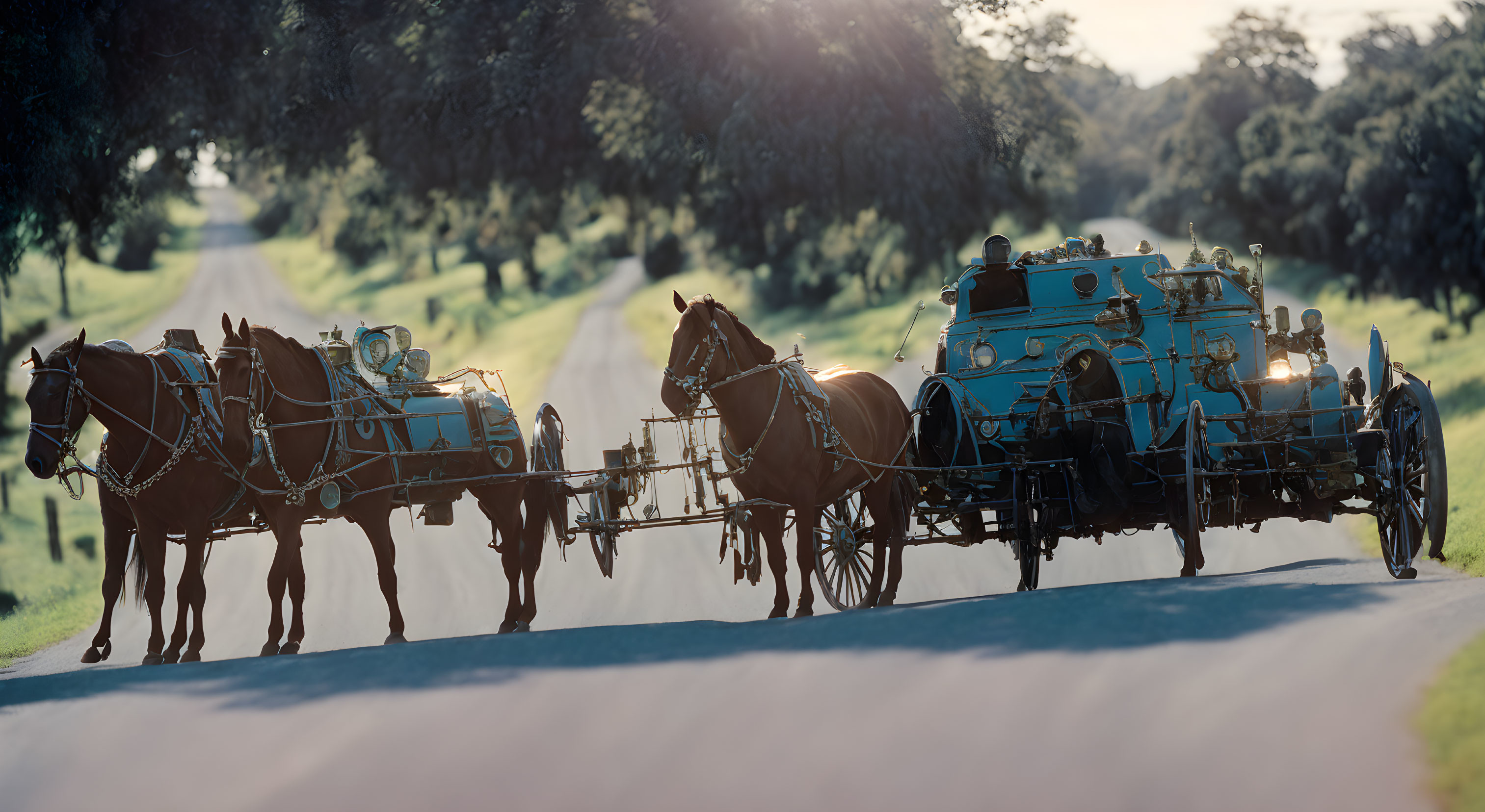 Vintage Blue Carriage Pulled by Four Brown Horses on Tree-Lined Road