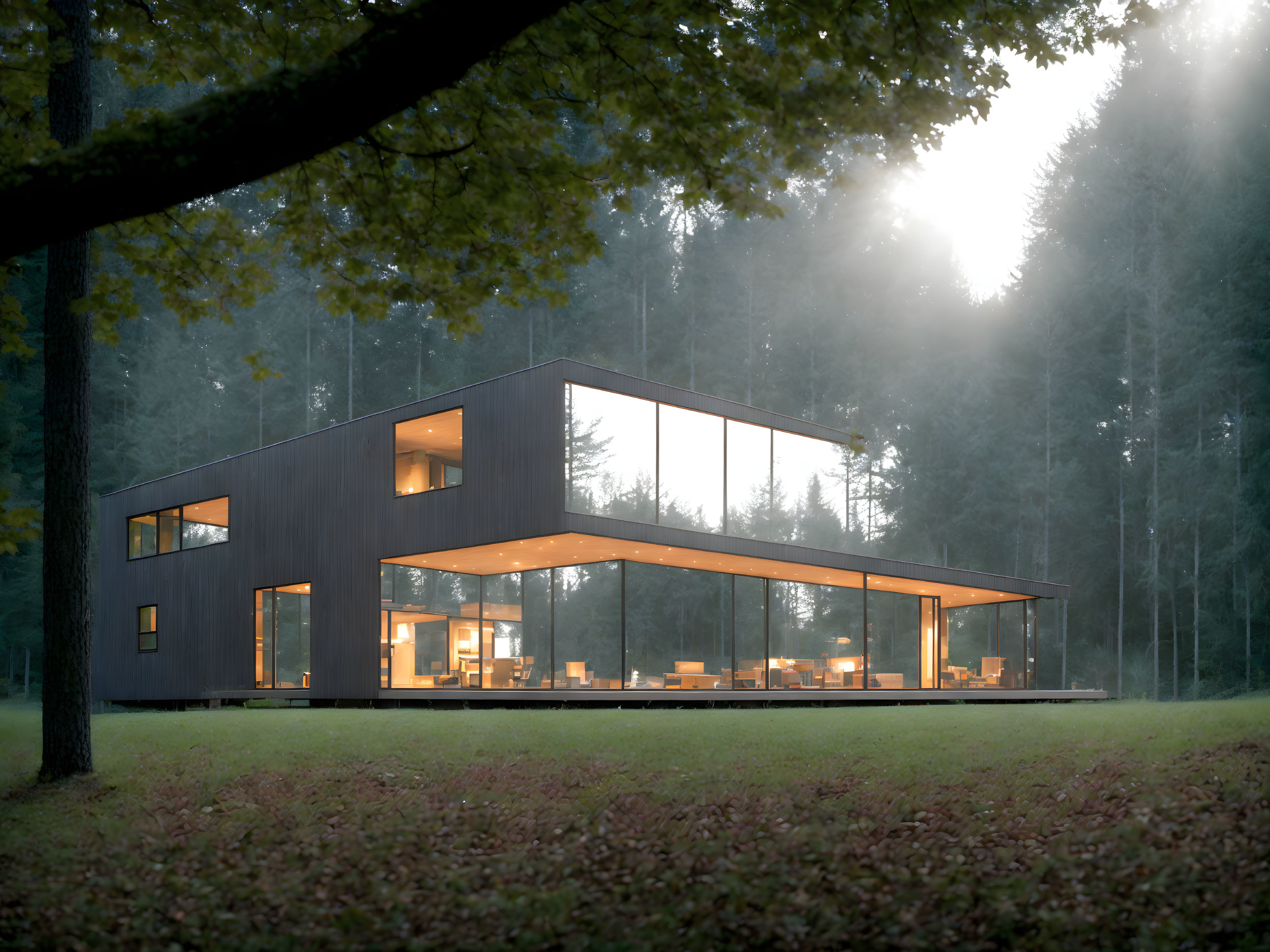 Minimalist Forest House with Large Glass Windows at Twilight