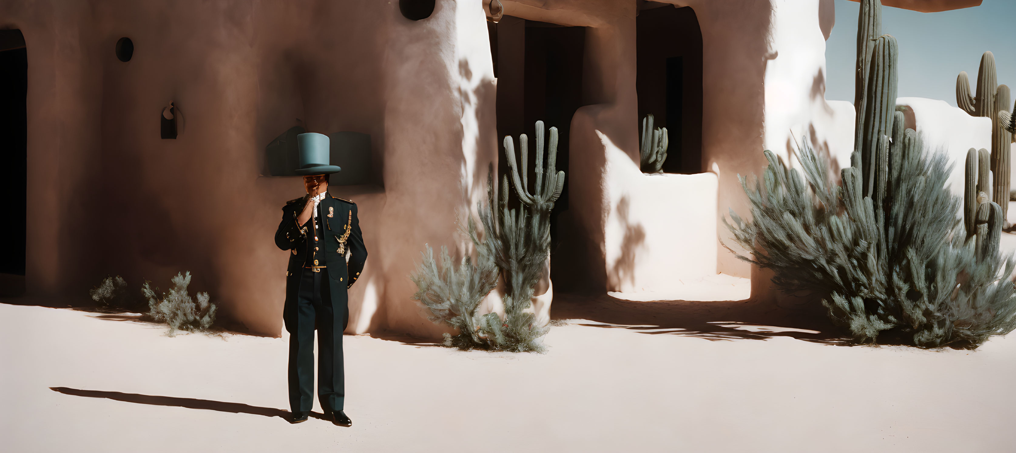 Military person in oversized hat by building in desert with cacti