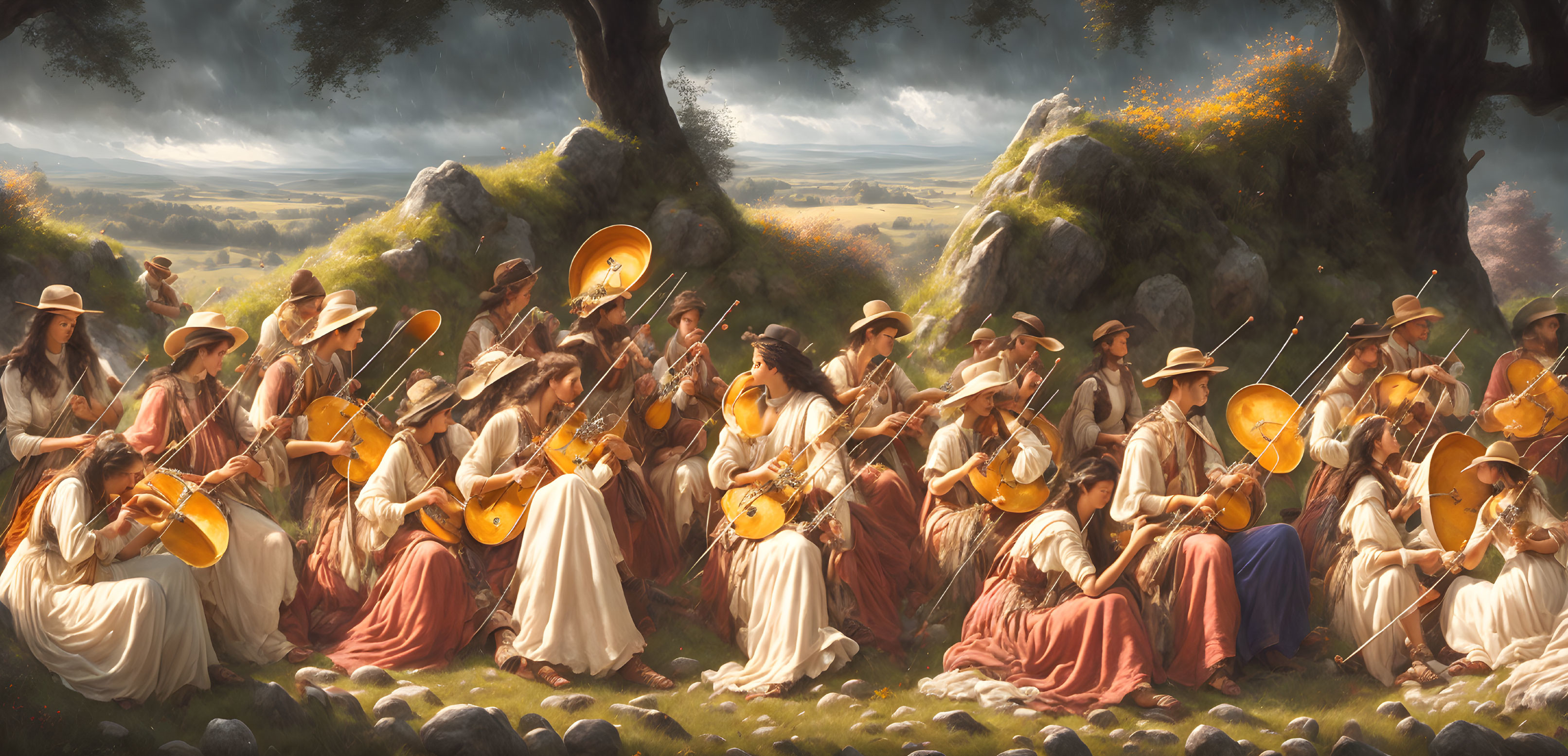 Group of women playing string instruments in idyllic landscape