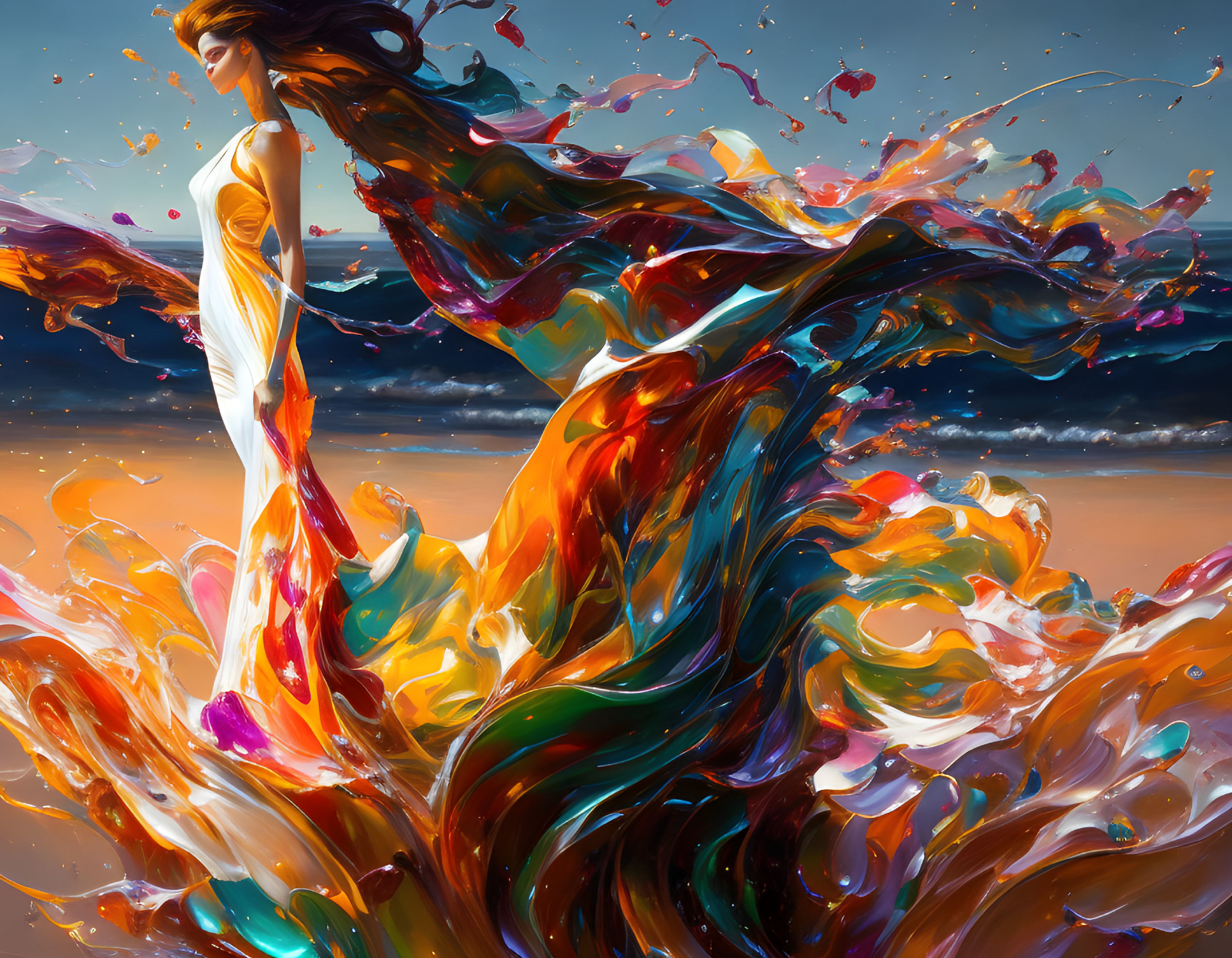 Colorful artwork: Woman on beach with dress transforming into brushstrokes