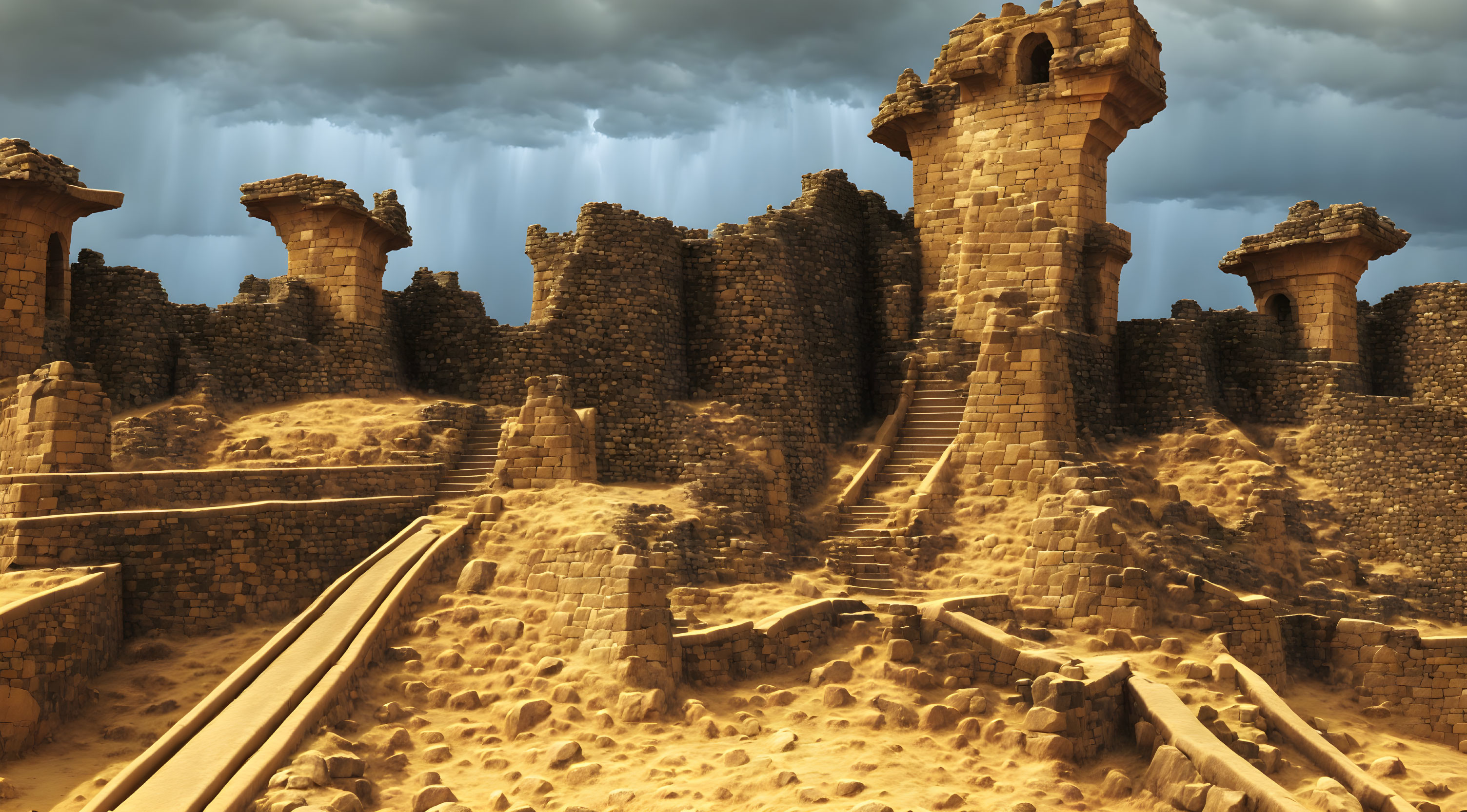 Ancient stone towers and walls under dramatic sky with dark clouds and sunlight rays